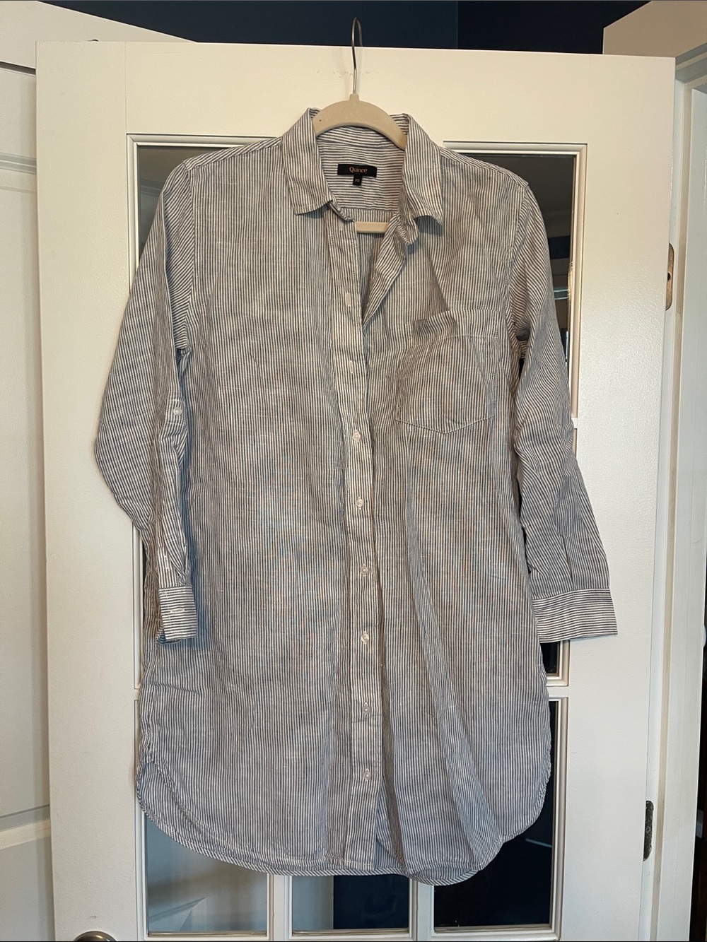 Quince 100% Linen Blue and White Striped Casual Button-Down Dress
